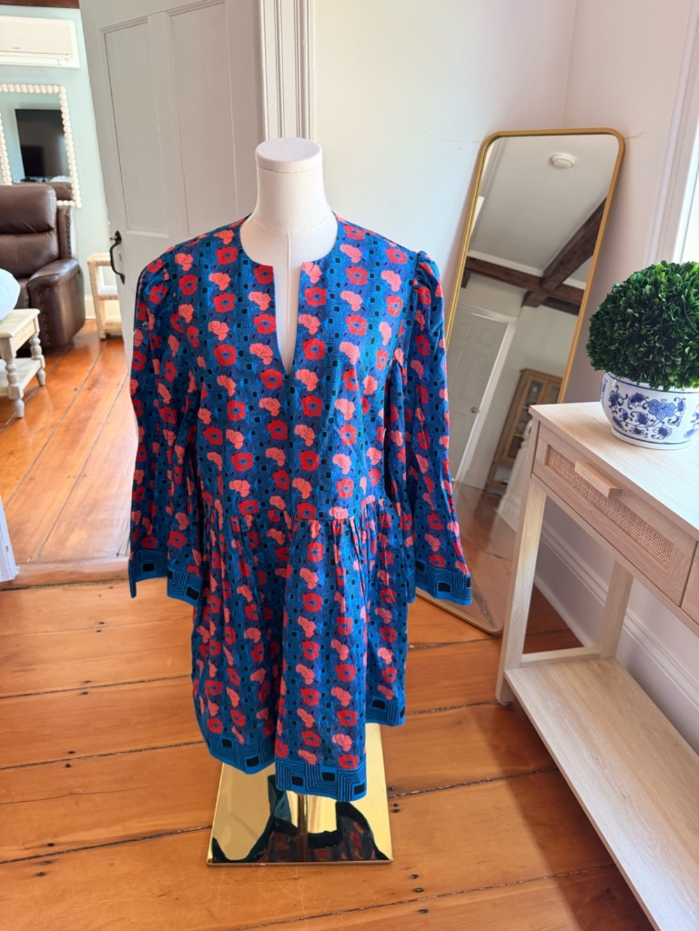 Tuckernuck Blue Floral Popover Dress with Red Poppies